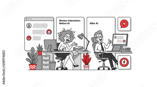 Woman frustrated before ai improves workflow, man happy after ai interaction.