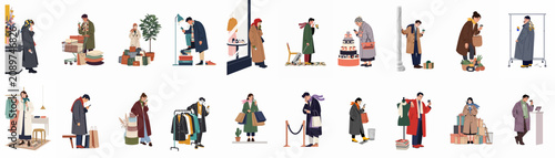 Foto Large collection of illustrated characters experiencing stress, anxiety, and financial worry while shopping with credit cards and managing heavy loads of purchases