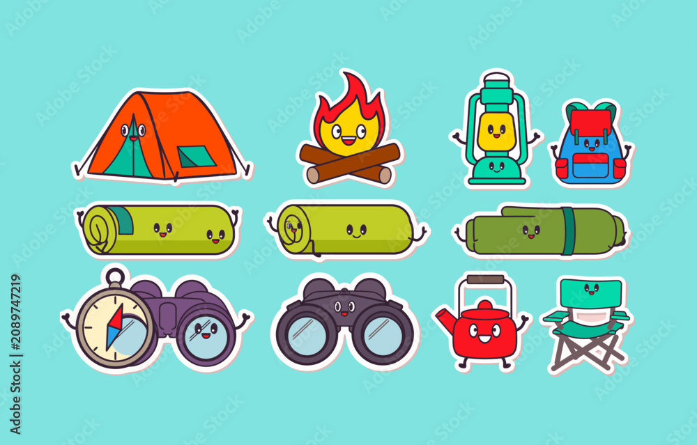 Naklejka premium Cute camping equipment sticker set with kawaii cartoon characters concept including tent campfire backpack and binoculars illustration