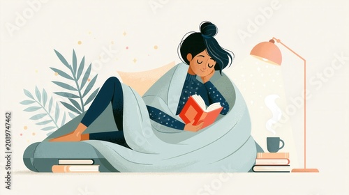 Cozy flat illustration of young woman reading book in bed under blanket