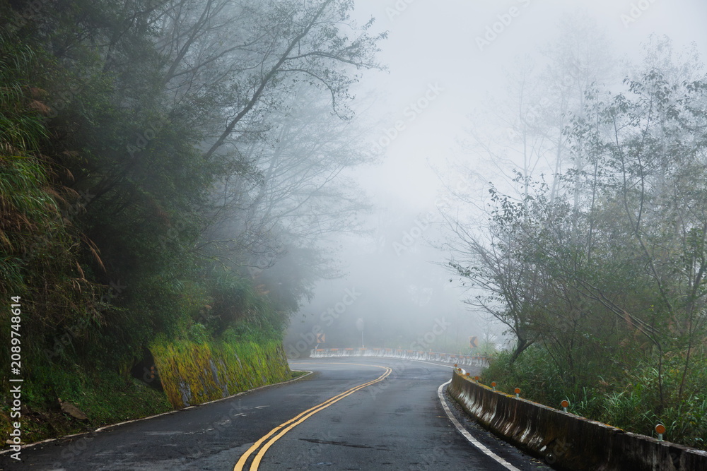 Naklejka premium Wet Mountain Road in Dense Fog