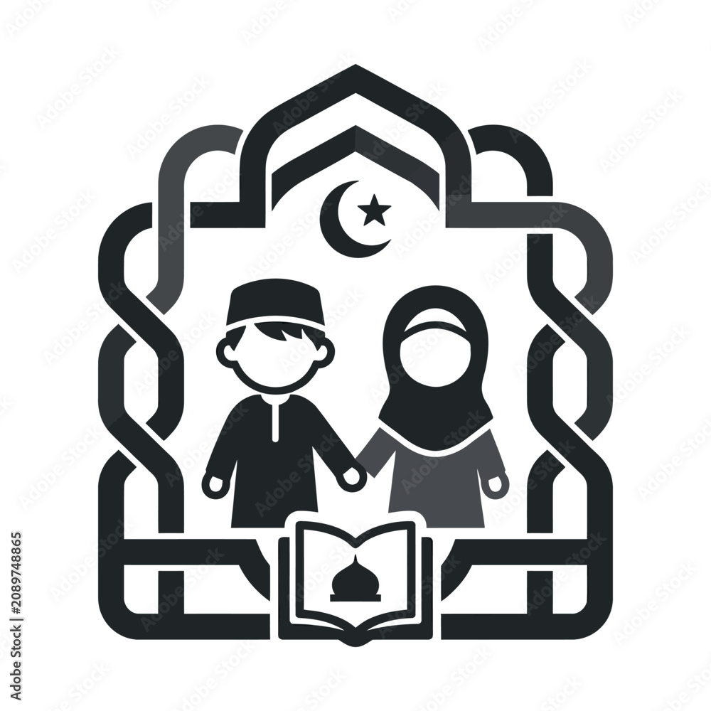 Fototapeta premium Islamic education vector icon, Muslim children reading Quran, religious school logo with boy and girl in mosque frame