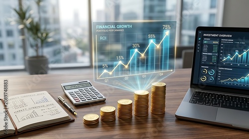 Financial growth portfolio performance concept with graphs and coins on office desk with laptop