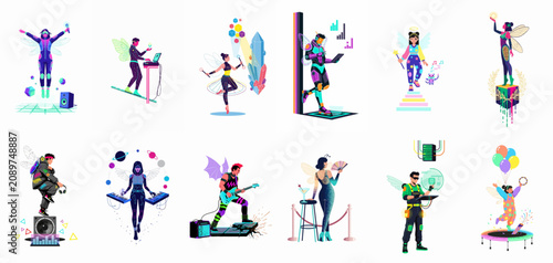 Foto A collection of twelve diverse futuristic and fantasy character illustrations featuring wings, cybernetic elements, and creative activities in a vibrant vector art style