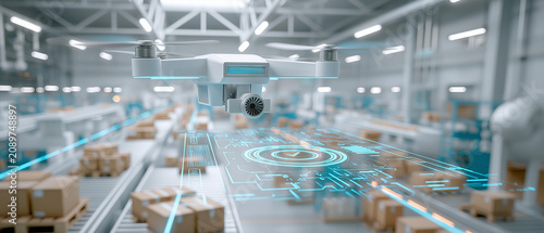Automated Warehouse Operations: A futuristic drone hovers above a conveyor belt in a modern warehouse, symbolizing advanced automation and efficient logistics in industry.