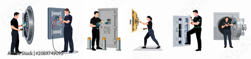 Foto Set of flat vector illustrations featuring security professionals interacting with high-security bank vaults using advanced technology and manual locking systems