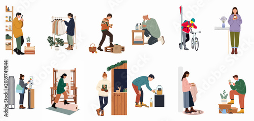 Tableau sur toile Set of diverse people practicing sustainable lifestyle and conscious consumerism through ethical shopping and mindful activities