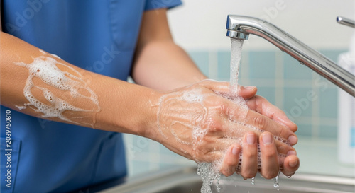 Handwashing with Soap and Water, Close-up of Bubbles and Running Tap