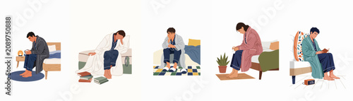 Tableau sur toile Flat Illustration Set of People Suffering from Insomnia and Sleep Disorders Sitt