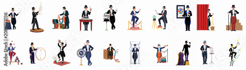 фотографія A large collection of flat vector illustrations showing various magicians performing classic stage magic tricks, illusions, and escapes in formal attire