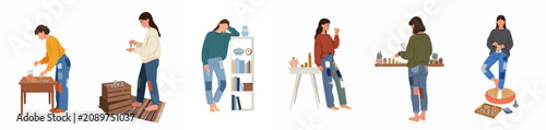Bild auf Leinwand A collection of illustrations showing women managing money, counting coins, saving, and budgeting in various domestic scenarios