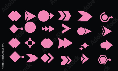 Soft pink geometric navigation arrow icons layout on black background, trendy pastel tone interface pointer shapes grid, alternative style direction indicators graphic components