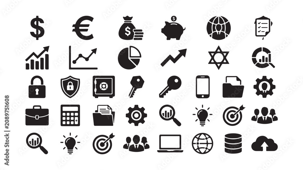 Obraz premium Global Business and Technology Icon Set - Black Vector Design