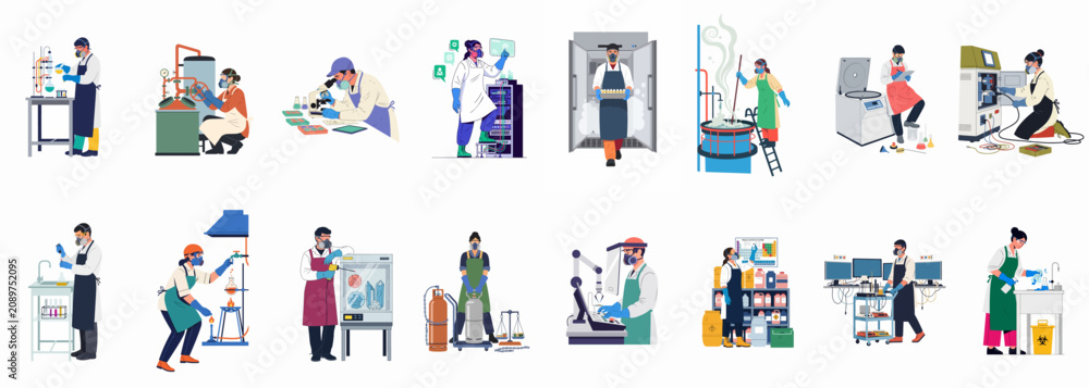 Fototapeta premium Set of Flat Illustrations of Professional Scientists and Technicians in Protective Gear Conducting Various Laboratory Experiments and Scientific Research Processes