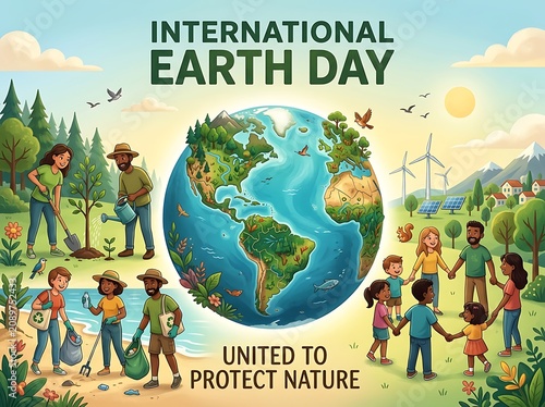 Colorful international earth day illustration with people protecting nature and ecofriendly activities around the globe