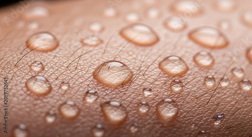 Macro view of water droplets on human skin surface with hair