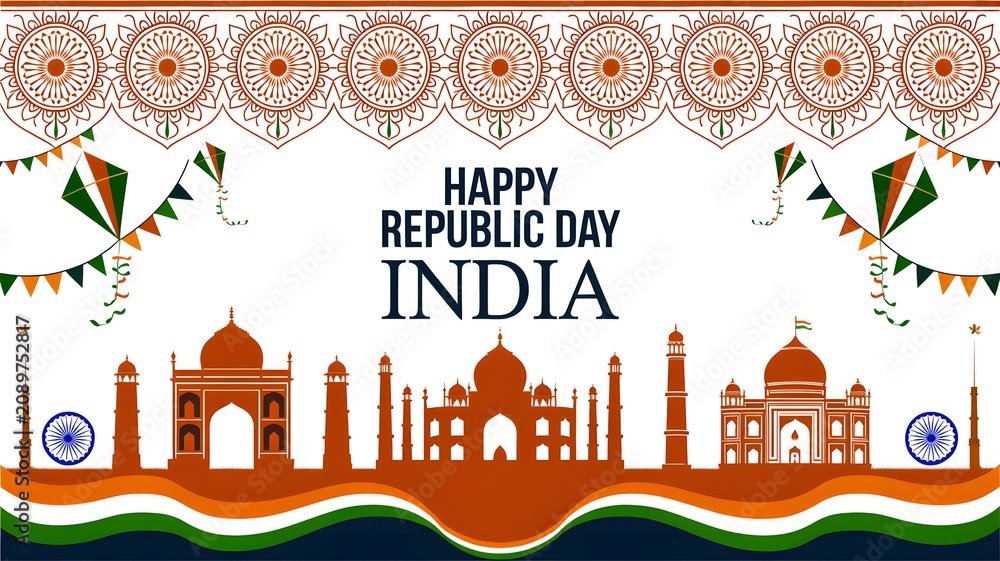 Obraz premium Happy republic day india celebration with famous monuments