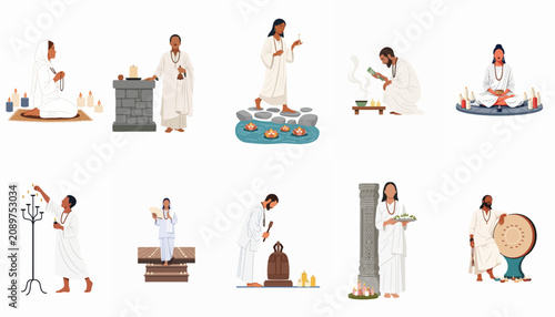 Obraz na plátně A collection of spiritual and religious ritual illustrations featuring people in white traditional clothing performing various ceremonies and meditative practices