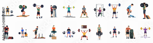 Tableau sur toile Collection of diverse powerlifting and strongman athletes performing various strength training exercises like deadlifts, squats, and overhead presses in a flat vector style