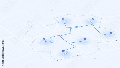 Foto Isometric city map with fuel station locations within designated zone boundary