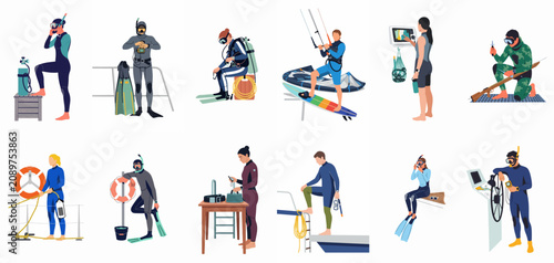 Photography Collection of people in wetsuits participating in various water activities including scuba diving, snorkeling, spearfishing, and kite surfing on a white background