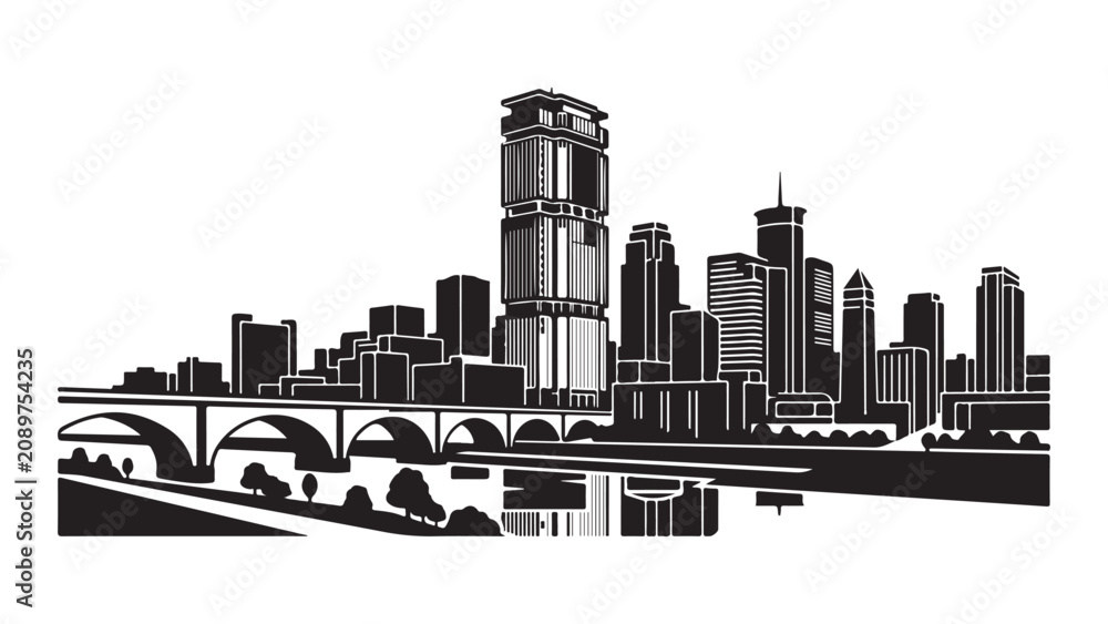 Obraz premium Black and white vector silhouette of a modern city skyline with a bridge and tall buildings, representing urban development and architecture.