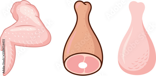 Foto Raw Chicken and Pork Meat Cuts Vector Illustration Set Featuring Fresh Poultry W