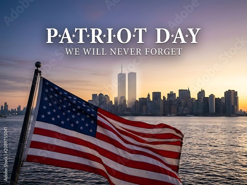 Patriot day tribute with american flag waving in front of new york city skyline at sunset