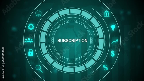 Digital concept of subscription with icons for business growth security and communication on a world map background, 4k quality animation video