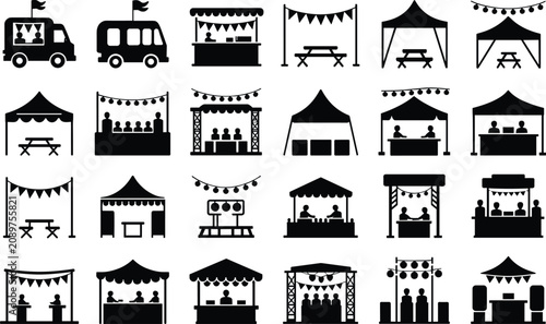 Photos Set of black event and market stall icons featuring tents food trucks and outdoo
