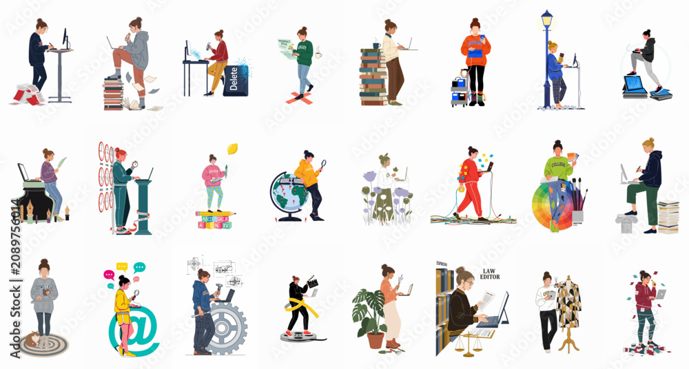 Fototapeta premium Collection of Creative and Professional Young Women Illustrations Representing Various Modern Occupations, Hobbies, and Conceptual Business Activities.