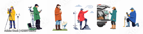 Obraz na plátně Flat vector illustration set of professional storm chasers and meteorologists using advanced equipment to track and report severe weather conditions in the field