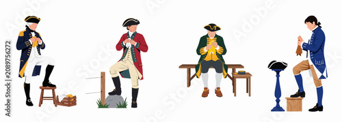 Canvastavla Set of four 18th-century men in colonial and military uniforms cleaning their equipment, flat vector illustration isolated on white background