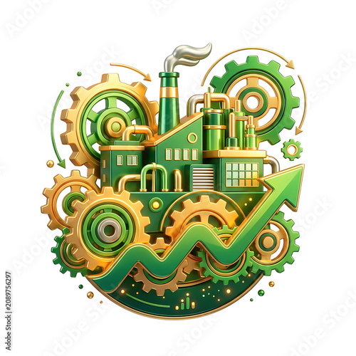 3D Industrial Factory with Green Gears and Upward Arrow Representing Sustainable Economic Growth
