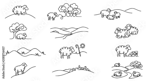 Minimalist Sheep Line Art Collection: Rural Landscapes, Farm Animals, Nature Scenes