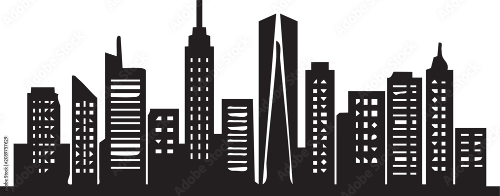 Obraz premium Modern City Skyline Silhouette Vector, Urban Downtown Skyscraper Building Landscape Icon Isolated on White Background