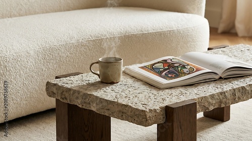 Cozy Reading Moment on Rustic Wooden Stool Beside Fluffy White Couch
