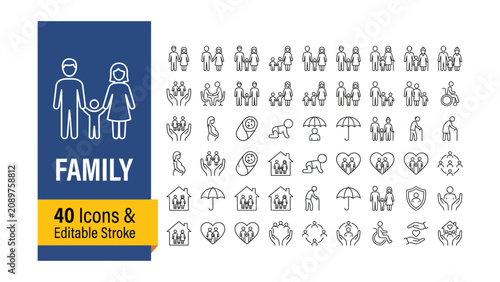 Family web icons in line style. Parents, mother, father, baby, children, grandparents, collection. Vector illustration.
