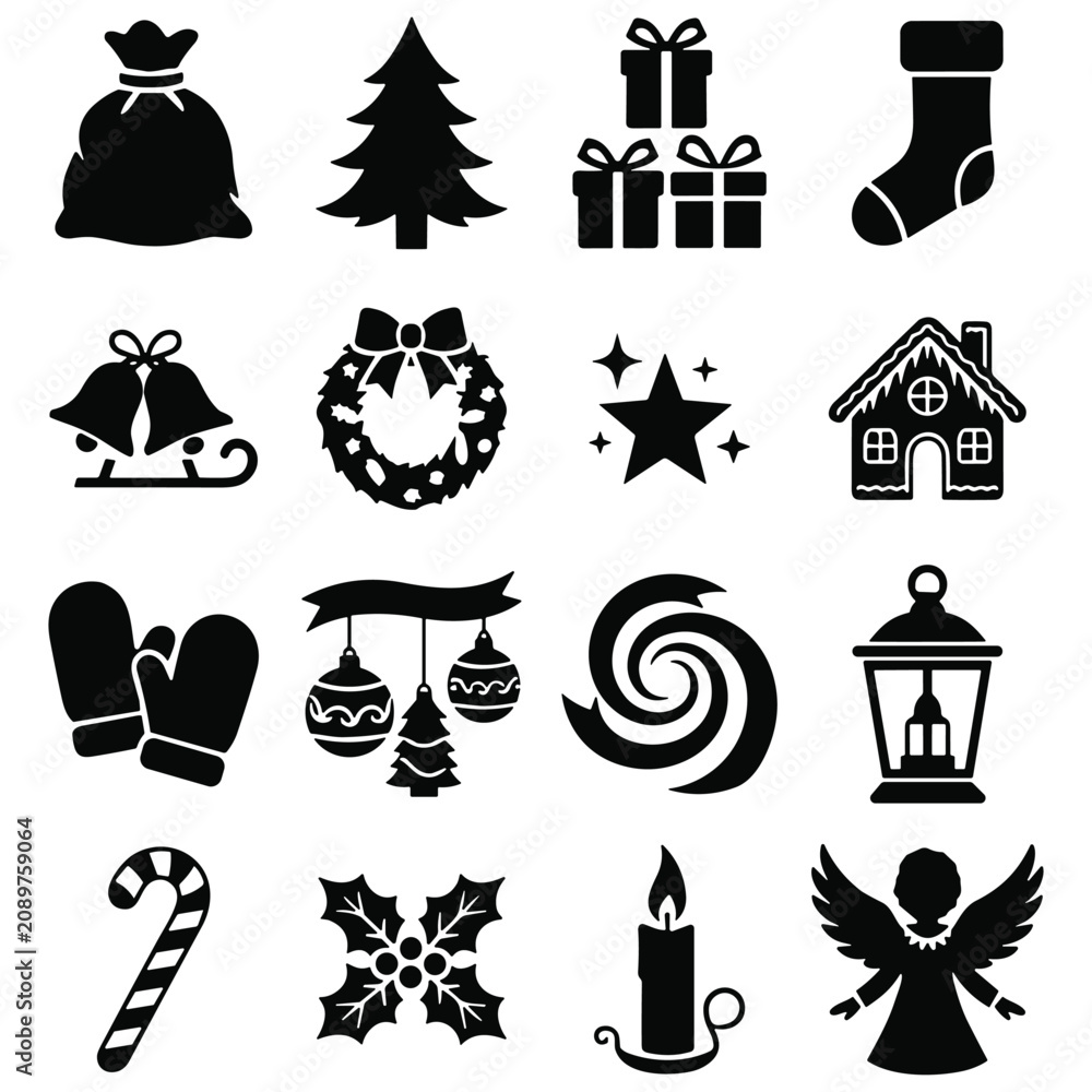 Fototapeta premium Holiday christmas silhouettes of gingerbread house angel santa sack and festive decorations