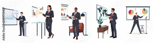 Diverse business professionals presenting data and growth strategies using charts, graphs, and digital displays in various corporate settings.