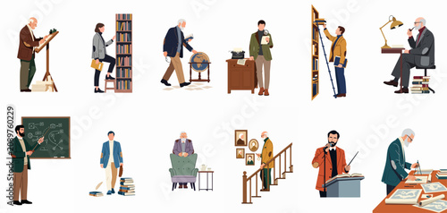 Set of scholarly characters and professors engaged in academic activities like researching, teaching, and writing in a vintage flat illustration style.