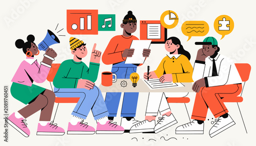 Diverse people discussing, brainstorming, collaboration, teamwork, flat illustration