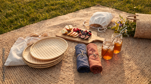 Idyllic Summer Picnic with Refreshments and Snacks on a Blanket