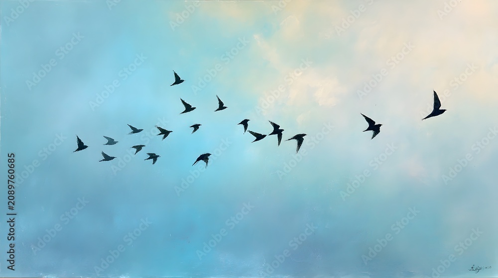 Fototapeta premium Artistic Oil Painting Style Illustration of a Flock of Black Birds Flying in a Soft Blue Cloudy Sky