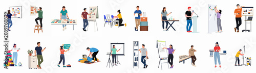 Konstfotografi Collection of diverse professional characters preparing and conducting various business events, workshops, presentations, and team-building activities in a modern flat illustration style