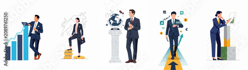 Set of professional business people and financial concepts including stock market growth, global investment, and strategic planning on white background.