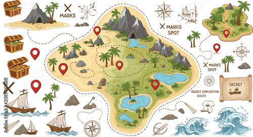 Vintage fantasy treasure map vector element set featuring secret islands old ships palms ocean waves and route marking