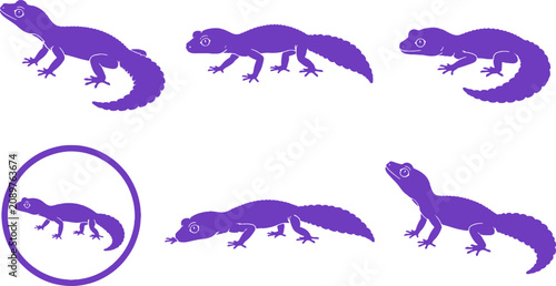 Konstfotografi Leopard Gecko Silhouette Icon Set Black Vector Reptile Collection