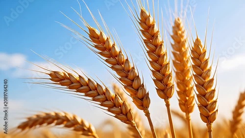 Golden wheat ears against blue sky