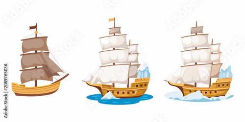 Tableau sur toile Cartoon Style Ships With Sails On Water Vector Illustration